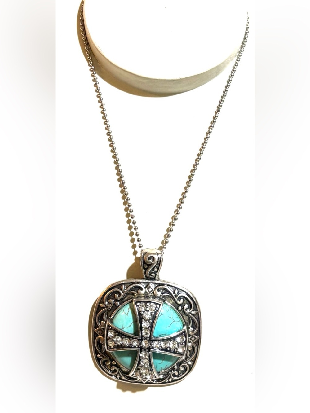 Vintage Turquoise and Silver Cross Inlay Pendant Necklace